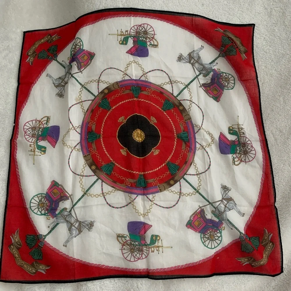 Celine Elegant Red and White Scarf/Hankerchief with Horse Carriage Design - Picture 1 of 8